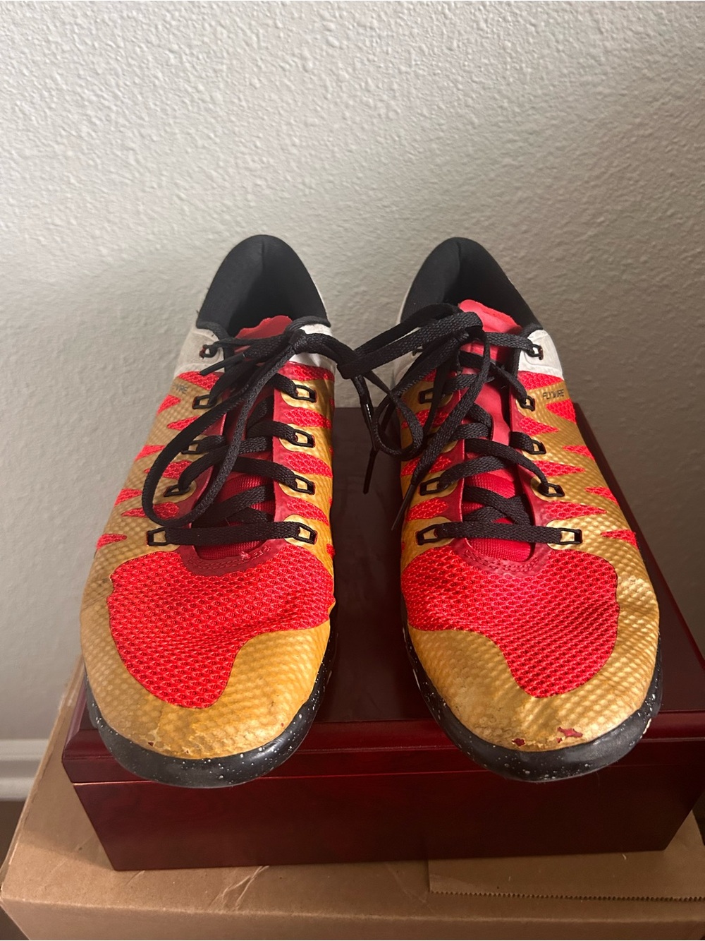 Nike Red and Gold Mesh Running Shoes with Black Laces